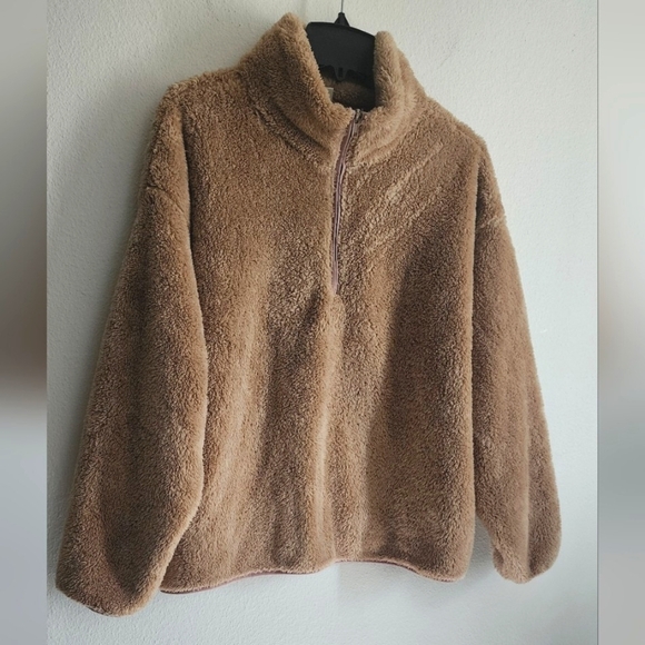 H&M Jackets & Blazers - H&M Beige/Tan Soft Pile Fleece 1/4 Zip Pullover Mock Neck Drop Sleeve Size XL